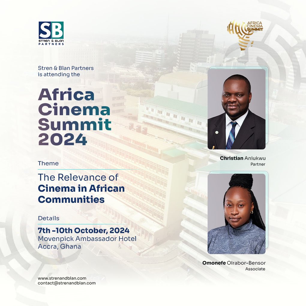 Our Managing Partner, Christian Aniukwu, and Associate, Omonefe Irabor-Benson, will attend the Africa Cinema Summit from 7th to 10th October 2024 at the Mövenpick Ambassador Hotel, Accra, Ghana.

This summit offers a unique opportunity