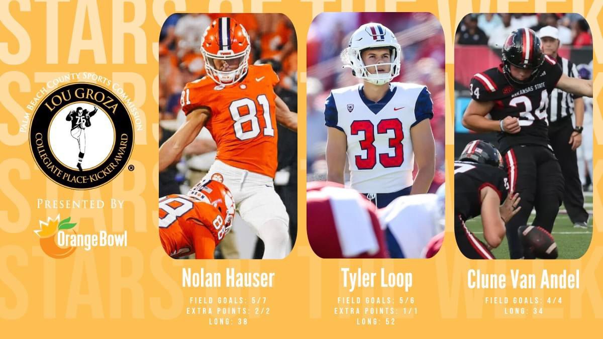 Lou Groza Award (@lougrozaaward) on Twitter photo The Week 6️⃣ Stars have arrived!
⭐️ <a href="/nolanhauser/">Nolan Hauser</a>
⭐️ <a href="/tyler_loop/">Tyler Loop</a>
⭐️ <a href="/CluneVan/">Clune Van Andel</a>
Read more: lougrozaaward.com/stars-of-the-w… The Week 6️⃣ Stars have arrived!
⭐️ <a href="/nolanhauser/">Nolan Hauser</a>
⭐️ <a href="/tyler_loop/">Tyler Loop</a>
⭐️ <a href="/CluneVan/">Clune Van Andel</a>
Read more: lougrozaaward.com/stars-of-the-w…