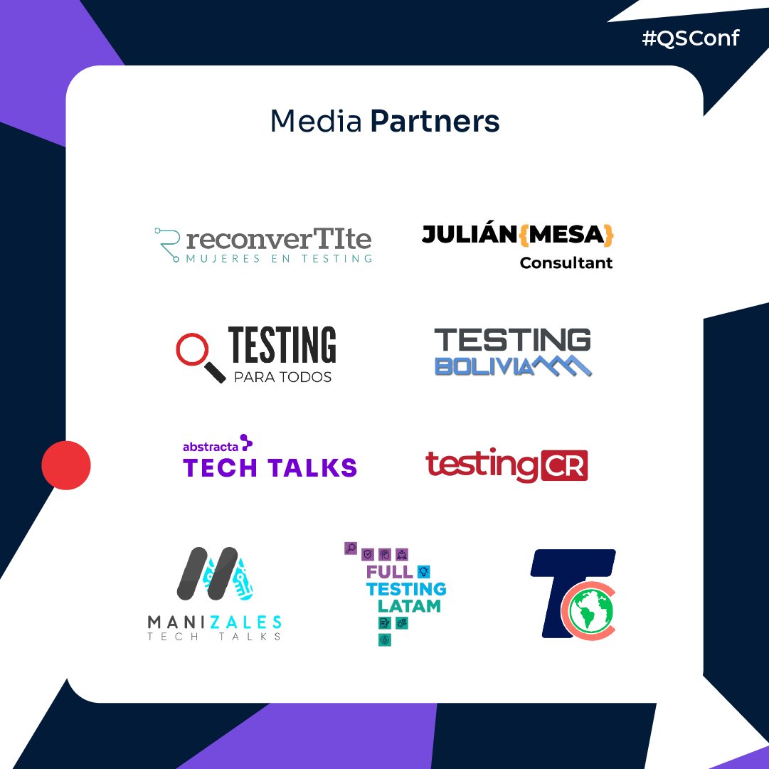 AbstractaLatam's tweet photo. ¡Hoy agradecemos a los Media Partners que nos ha ayudado a difundir la QSConf 2024! 

✨ @reconverTIteUY
✨ Julián Mesa
✨ #testingparatodos
✨ @testingbolivia
✨ #AbstractaTechTalks
✨ #TestingCR
✨ #ManizalesTechTalks
✨ #FullTestingLATAM
✨#TestingChannelTV https://t.co/zxbO5yQLXQ