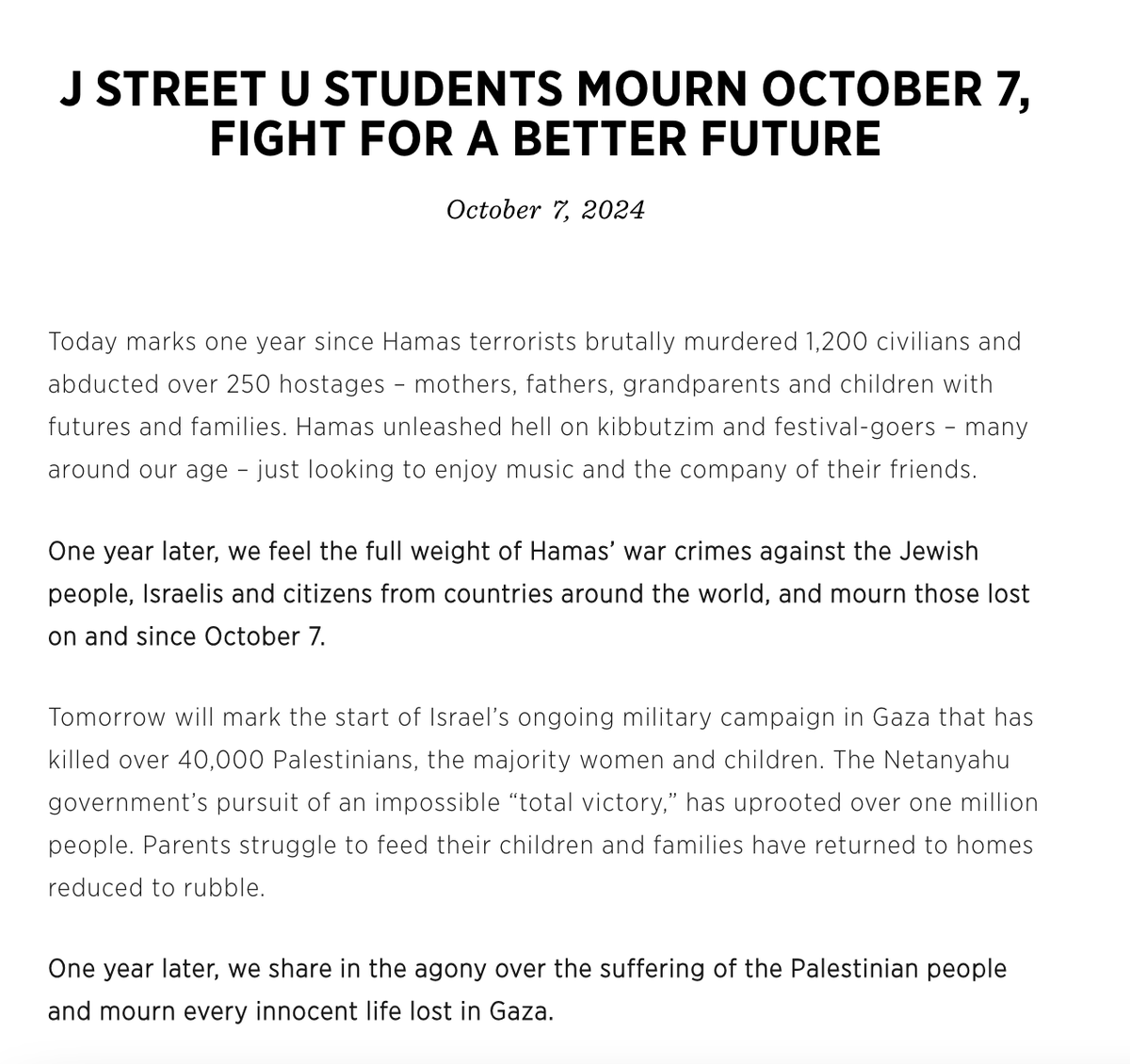 jstreetdotorg's tweet photo. ICYMI: Statement from our @JStreetU students on the anniversary of October 7 ⬇️ https://t.co/XRPhYbwmPz