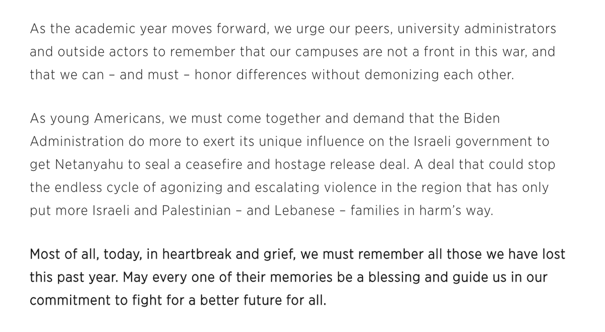 jstreetdotorg's tweet photo. ICYMI: Statement from our @JStreetU students on the anniversary of October 7 ⬇️ https://t.co/XRPhYbwmPz