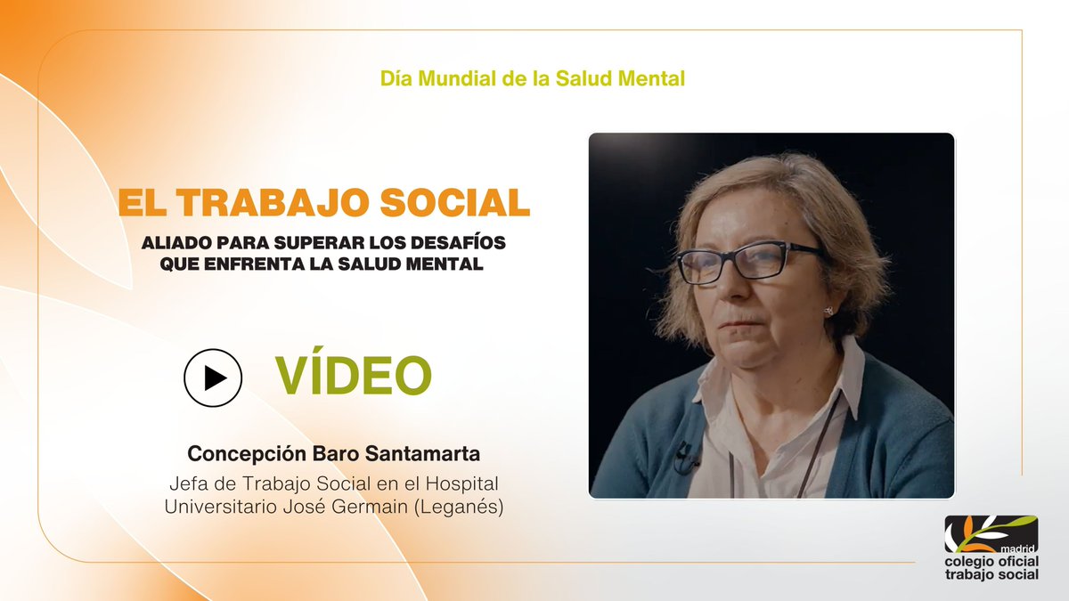 #VÍDEO | En el marco del #DíaMundialDeLaSaludMental, Concepción Baro, jefa de Trabajo Social en el Hospital Universitario José Germain de Leganés:

➡️subraya la importancia de seguir visibilizando los problemas de la salud mental. 

Vídeo completo: comtrabajosocial.com/concepcion-bar…