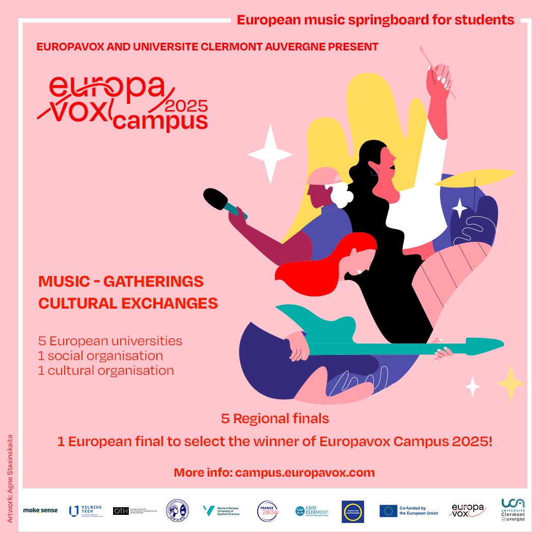 Europavox, l'Université Clermont Auvergne et leurs partenaires lancent la 3ème édition d'Europavox Campus pour encourager les talents musicaux, les échanges interculturels et l'engagement des jeunes à travers l'Europe ! Rdv sur 
campus.europavox.com/fr/
#EuropavoxCampus2025