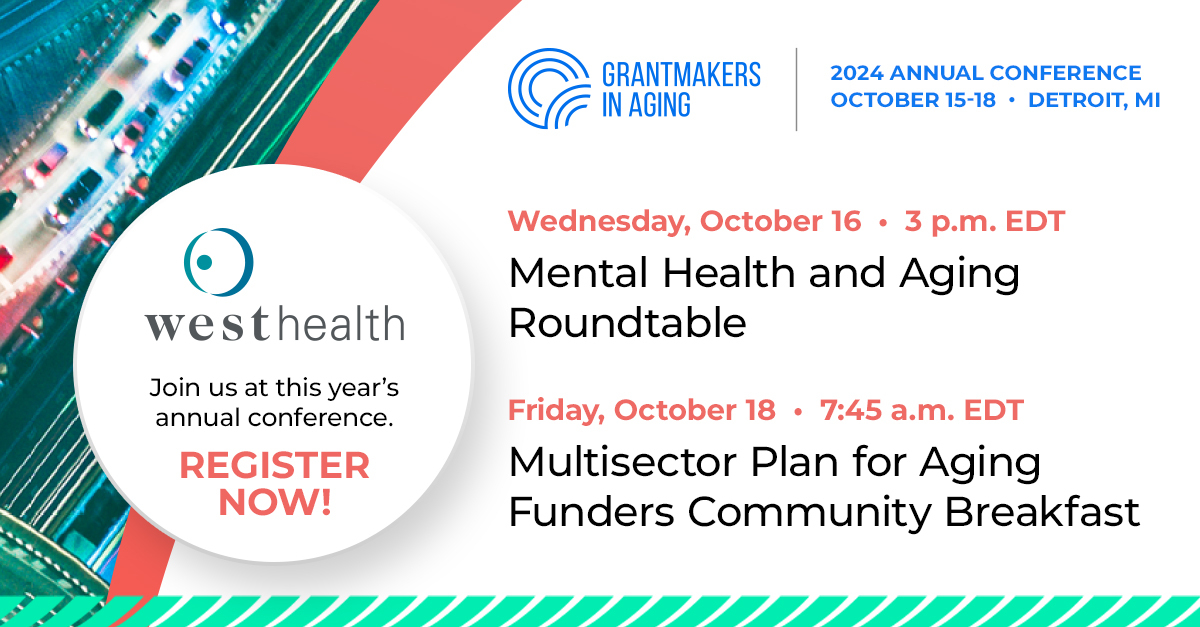 West Health (@westhealth) on Twitter photo See you next week for <a href="/GIAging/">Grantmakers In Aging</a>’s 2024 Annual Conference in Detroit! Be sure to check out our Mental Health and Aging Roundtable (10/16 at 3 PM EDT) and our #MultisectorPlanforAging Funders Community Breakfast (10/18 at 7:45 EDT). Register here: bit.ly/4eV0JfE See you next week for <a href="/GIAging/">Grantmakers In Aging</a>’s 2024 Annual Conference in Detroit! Be sure to check out our Mental Health and Aging Roundtable (10/16 at 3 PM EDT) and our #MultisectorPlanforAging Funders Community Breakfast (10/18 at 7:45 EDT). Register here: bit.ly/4eV0JfE
