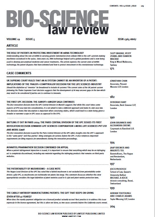 Lawtext Publishing Limited (@lawtextpub) on Twitter photo Bio-Science Law Review Vol 19 Issue 5 – subscriptions see lawtext.com
Now online – please contact ltp@lawtext.com for access details
#BSLR #IP #lifescience #UPC #revocationactions #patentlaw #IPlitigation Bio-Science Law Review Vol 19 Issue 5 – subscriptions see lawtext.com
Now online – please contact ltp@lawtext.com for access details
#BSLR #IP #lifescience #UPC #revocationactions #patentlaw #IPlitigation