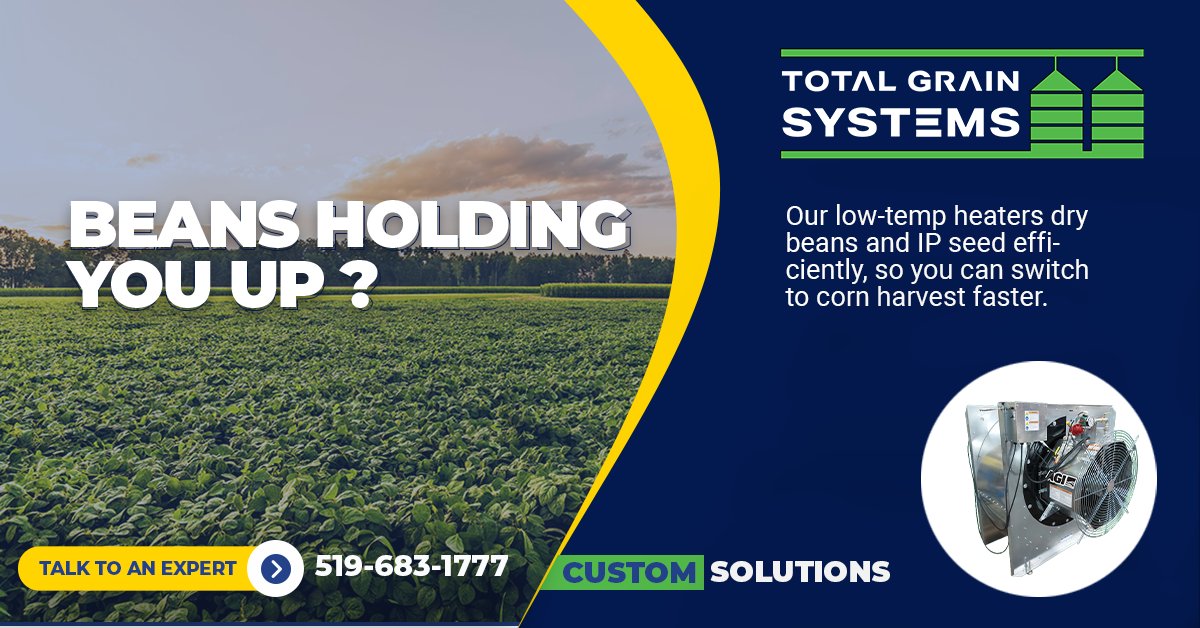 TGrainSystems's tweet image. Beans Holding You Up? 
Our low-temp heaters efficiently dry beans and IP seed, allowing you to switch to corn harvest faster and keep your operation on schedule. 

👉 Talk to an expert today at 519-683-1777 

#TotalGrainSystems #HarvestSolutions #BeanDrying #CustomSolutions