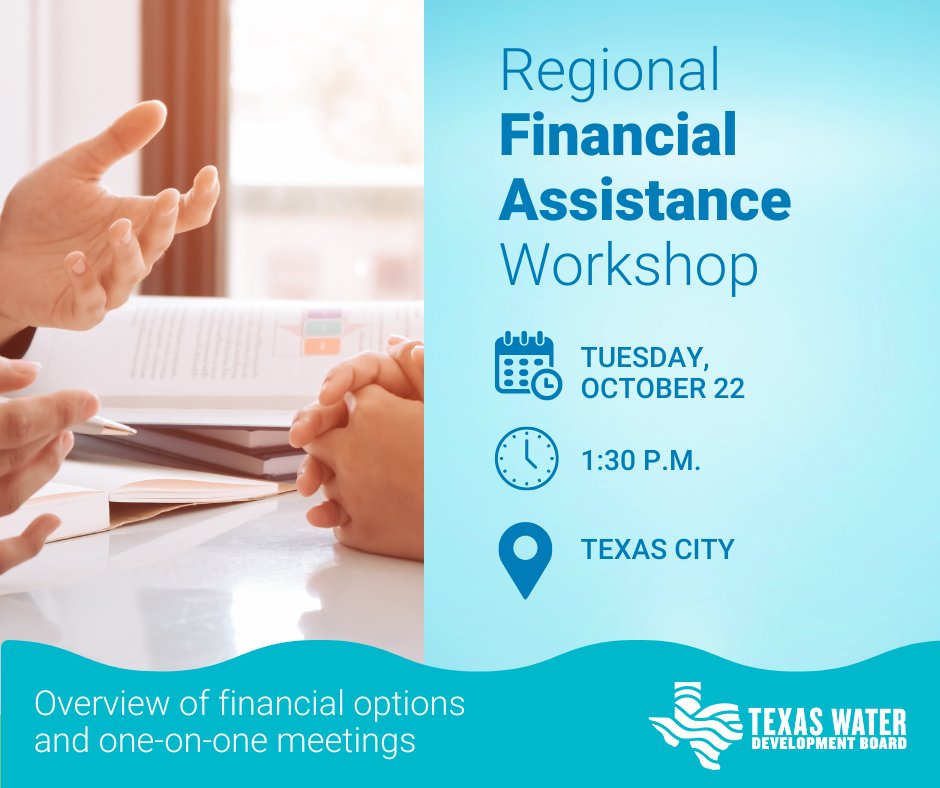 The @TWDB invites you to an in-person financial assistance workshop in Texas City. The workshop takes place on Tuesday, October 22, at 1:30 p.m. &amp; will provide an overview of financial programs &amp; one-on-one opportunities. Register at bit.ly/RFAW_Form.

#TxWater #Workshop