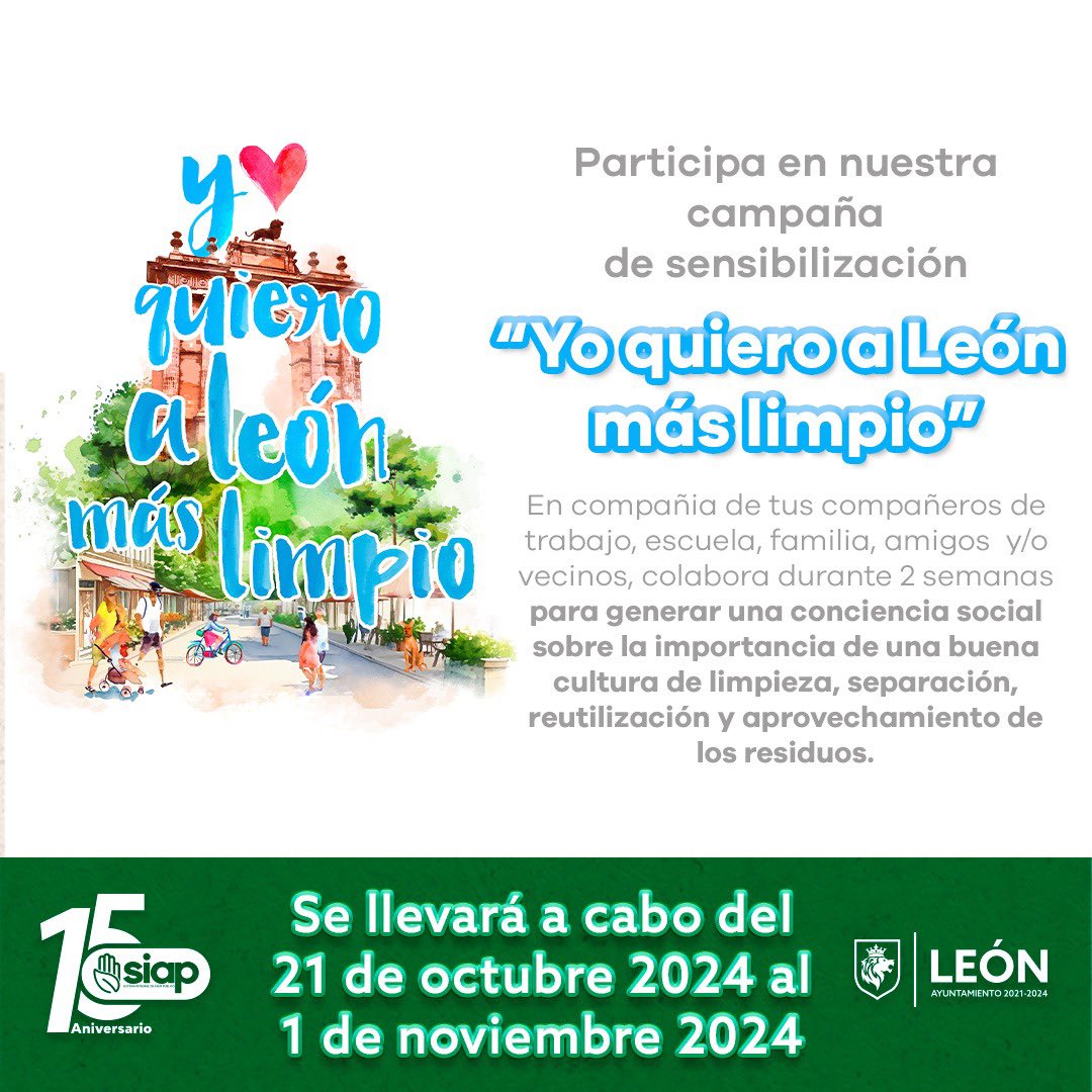 ¡Súmate a nuestra campaña 𝗬𝗼 𝗤𝘂𝗶𝗲𝗿𝗼 𝗮 𝗟𝗲ó𝗻 𝗺á𝘀 𝗟𝗶𝗺𝗽𝗶𝗼 💚! 

En conjunto de tus compañeros de trabajo, escuela, familia amigos y/o vecinos participa con diferentes actividades