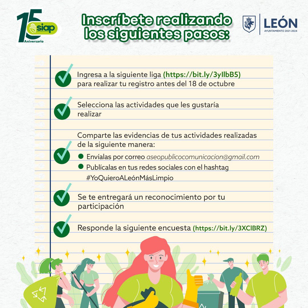 Generemos una conciencia social sobre la importancia de tener un #LeónSiempreLimpio🦁✨, del 21 de octubre al 1º de noviembre.🤩

Inscríbete en la siguiente liga bit.ly/3yIlbB5 

#YoQuieroALeónMásLimpio