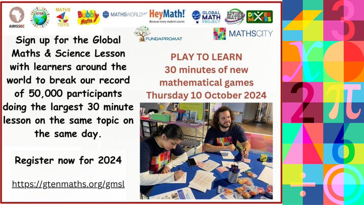MathsCityLeeds's tweet image. The Global Maths and Science lesson is taking place this Thursday 10 October!

Join thousands of learners from across the world to learn new mathematical games from &quot;Let&apos;s Play Mathematically&quot;!

Sign up now at: gtenmaths.org/gmsl

#GMSL2024 #MathsCity #MathsWorldUK #maths