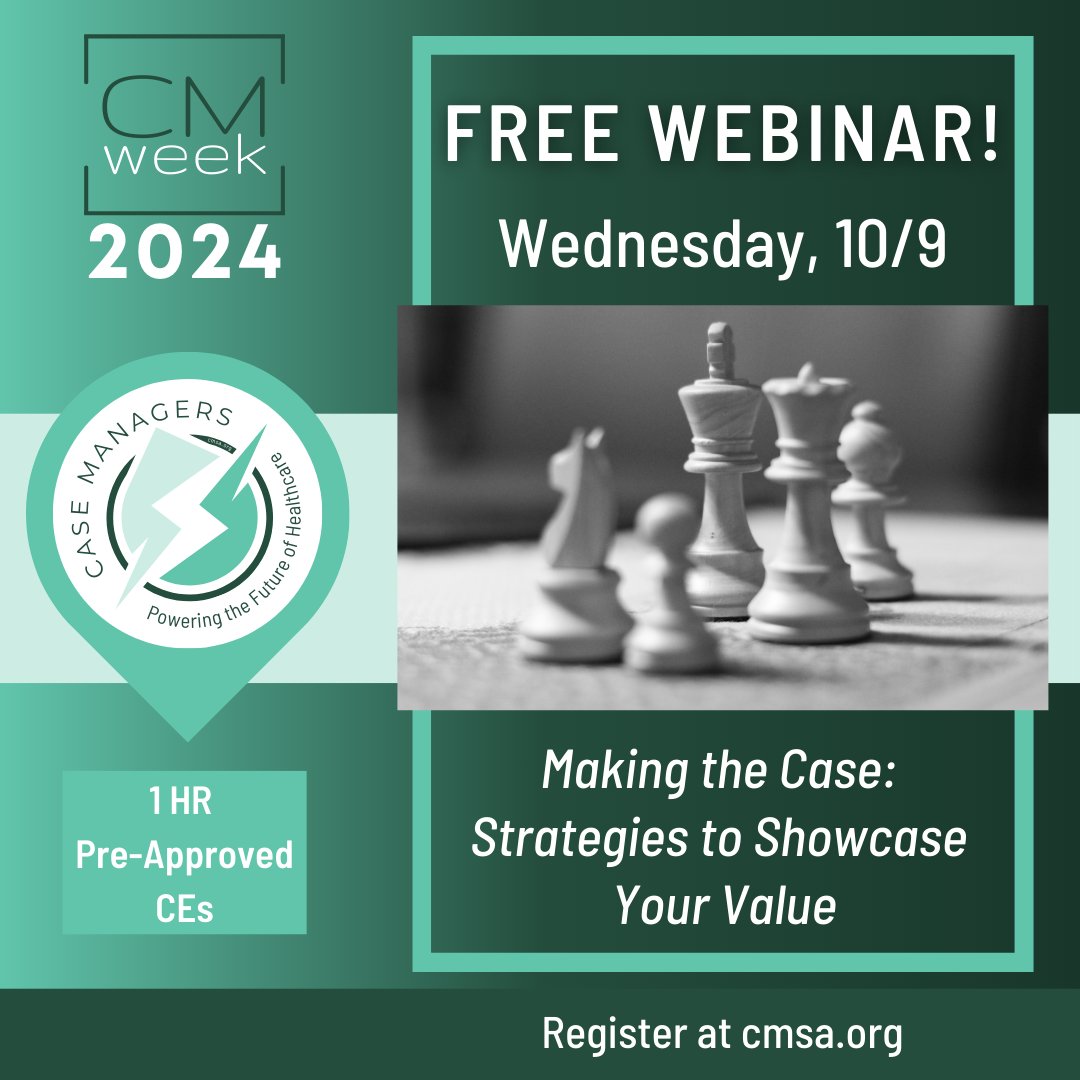 CMSANational's tweet image. #CMWeek Events Start TOMORROW! We’re kicking off #CMWeek2024 early with an exciting webinar on Oct 9 @ 2pm ET—FREE to both members and non-members! 🔗Don’t miss it—register NOW! pathlms.com/cmsa/courses/7…
#CaseManagersRock #HealthcareHeroes #CaseManagement #CaseManagers #CMSA