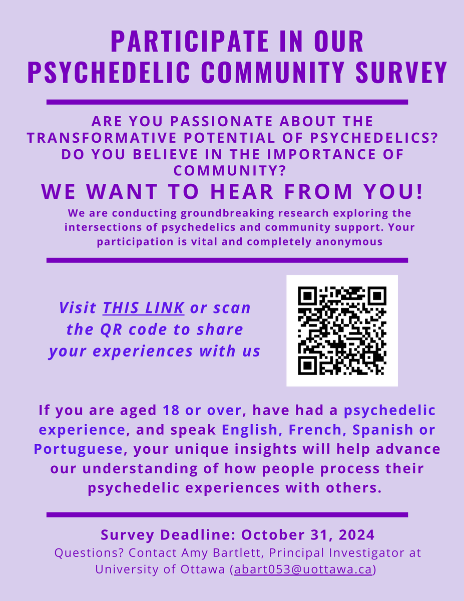 MAPSCanada's tweet photo. If you are 18 or over and have had a psychedelic experience, you can participate in groundbreaking research from the University of Ottawa exploring the intersections of psychedelics and community support. https://t.co/TO80kFdfFZ https://t.co/rltLGtU84C