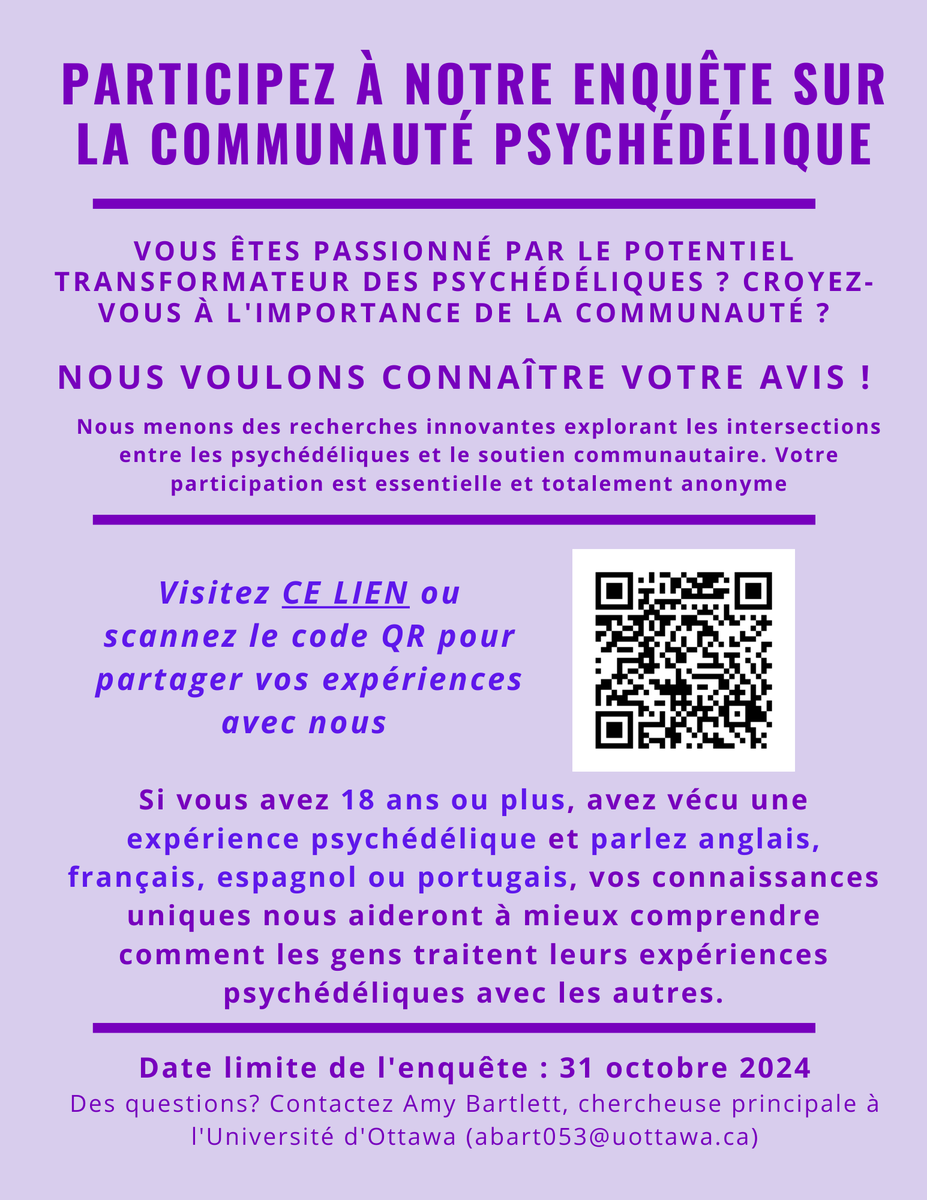 MAPSCanada's tweet photo. If you are 18 or over and have had a psychedelic experience, you can participate in groundbreaking research from the University of Ottawa exploring the intersections of psychedelics and community support. https://t.co/TO80kFdfFZ https://t.co/rltLGtU84C
