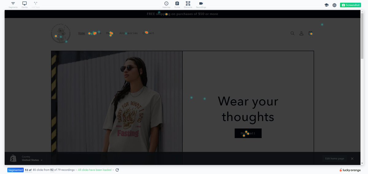 Now that our ecommerce store is live, the fun part begins. Looking at a heatmap after day 1, looks like our Women's and Men's collections are beating out Accessories for visitor interest.