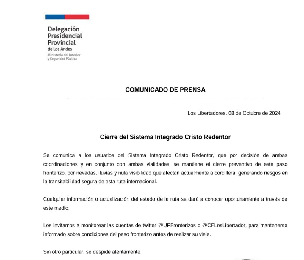 Comunicado Paso Fronterizo Los Libertadores.