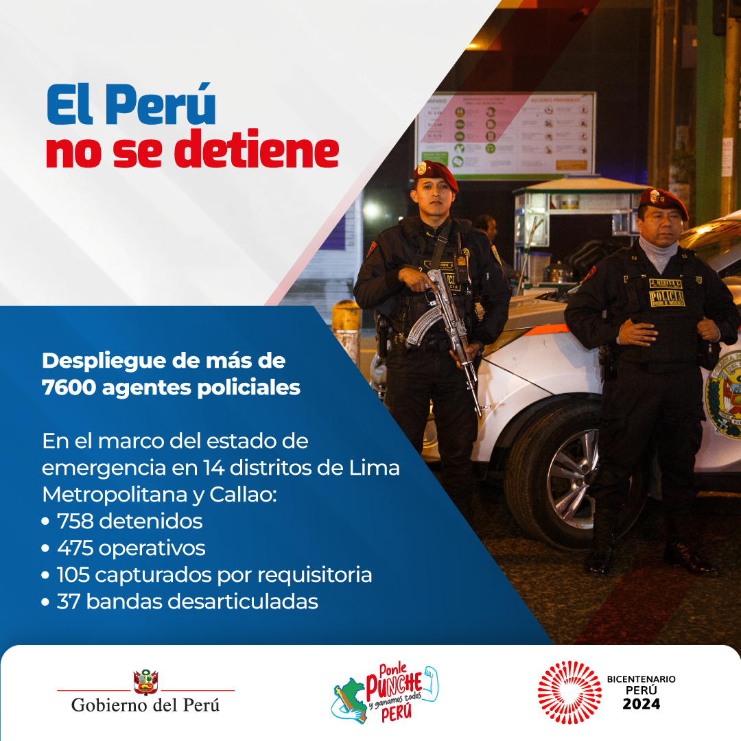 EsSaludPeru's tweet image. ¡La seguridad es prioridad! Desplegamos más de 7600 agentes policiales en el marco del estado de emergencia en 14 distritos de Lima Metropolitana y Callao. Seguimos trabajando para construir un entorno más seguro para todos. #ElPerúNoSeDetiene