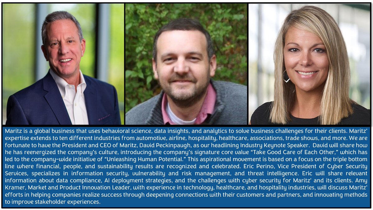 We are fortunate to have David Peckinpaugh (President and CEO of Maritz) as our Industry Keynote Speaker for the 2024 AIB-SE Conference, along with special guests Eric Perino (Vice President of Cyber Security Services) and Amy Kramer (Market and Product Innovation Leader)!