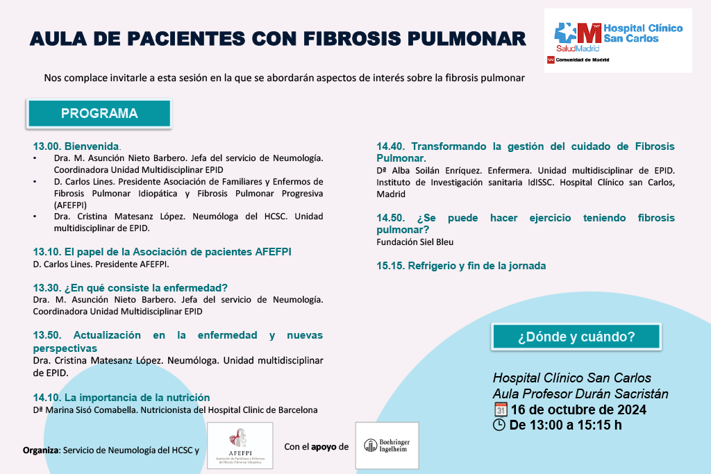 Próxima #AulaPacientes de <a href="/AFEFPI/">AFEFPI</a> en Madrid. 16 octubre en Hospital Clínico San Carlos 13h. Si estás interesado en asistir, envíanos un mail confirmando tu asistencia a eventos.afefpi@gmail.com