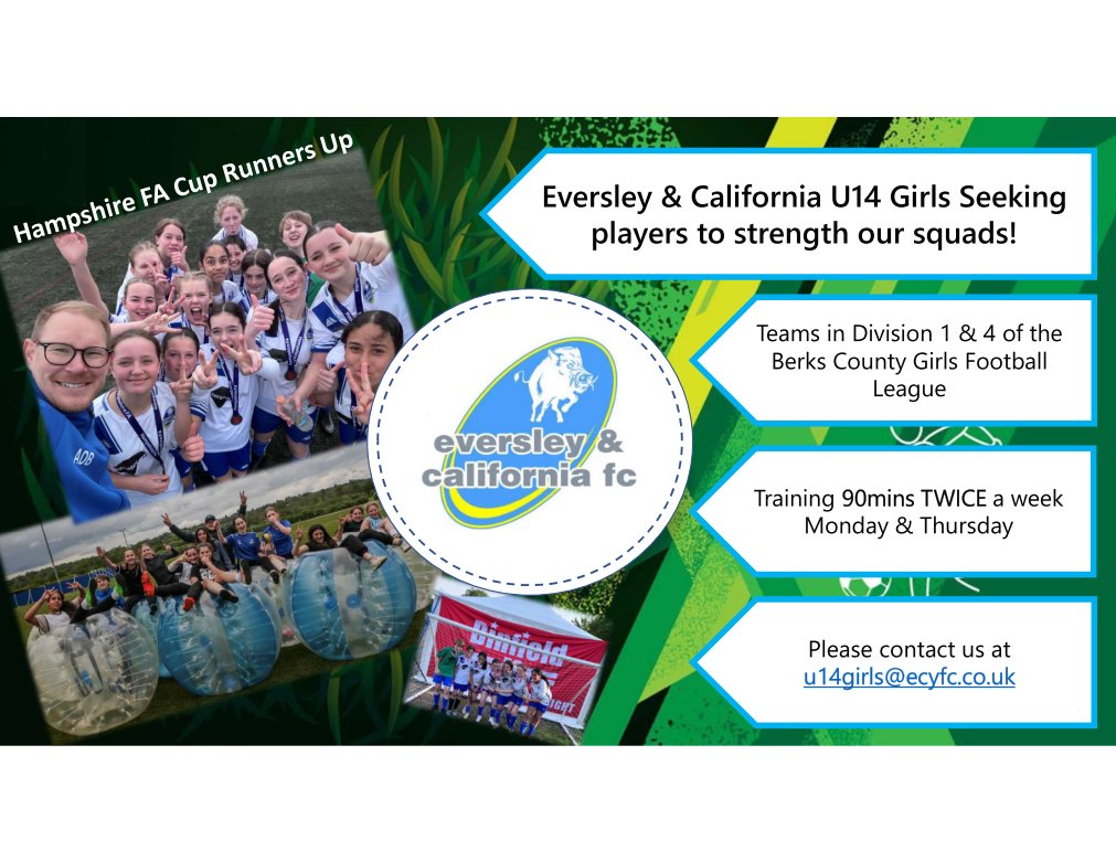 Eversley and California Youth FC are seeking to recruit some Year 9 girls to strengthen our teams.
Please get in touch if you are interested: u14girls@ecyfc.co.uk