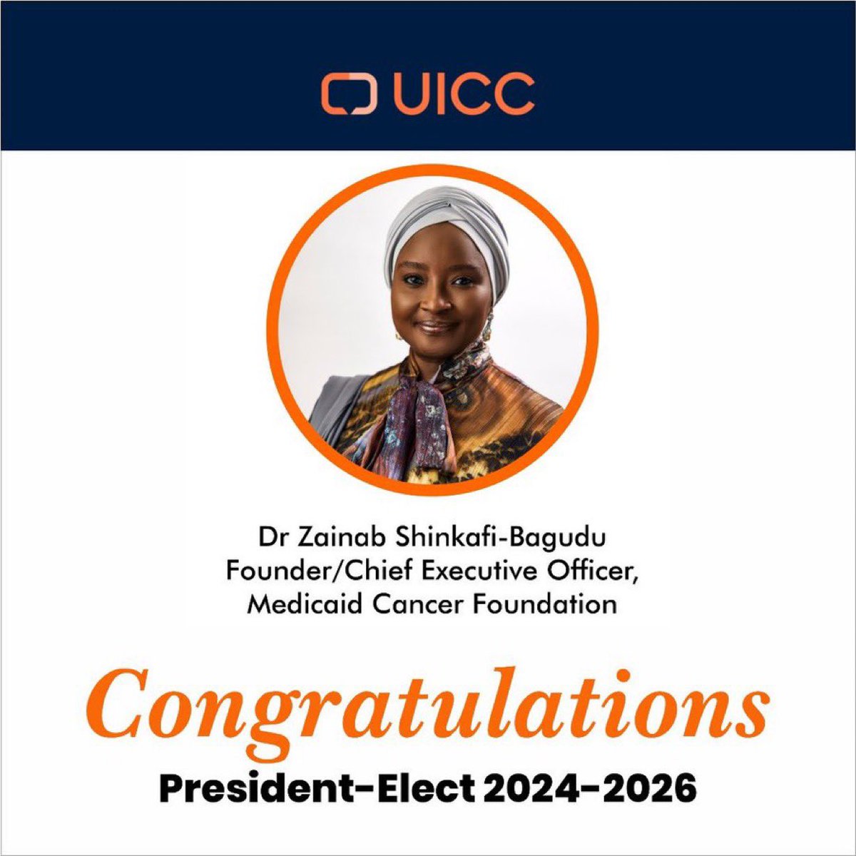 Ladies and gentlemen, 

It is with great pride that I present to you the first person of African descent to be elected President-Elect of the Union for International Cancer Control @UICC:

Dr. Zainab Shinkafi-Bagudu <a href="/DrZSB/">Zainab Shinkafi-Bagudu</a>.

This esteemed organization now stands to benefit