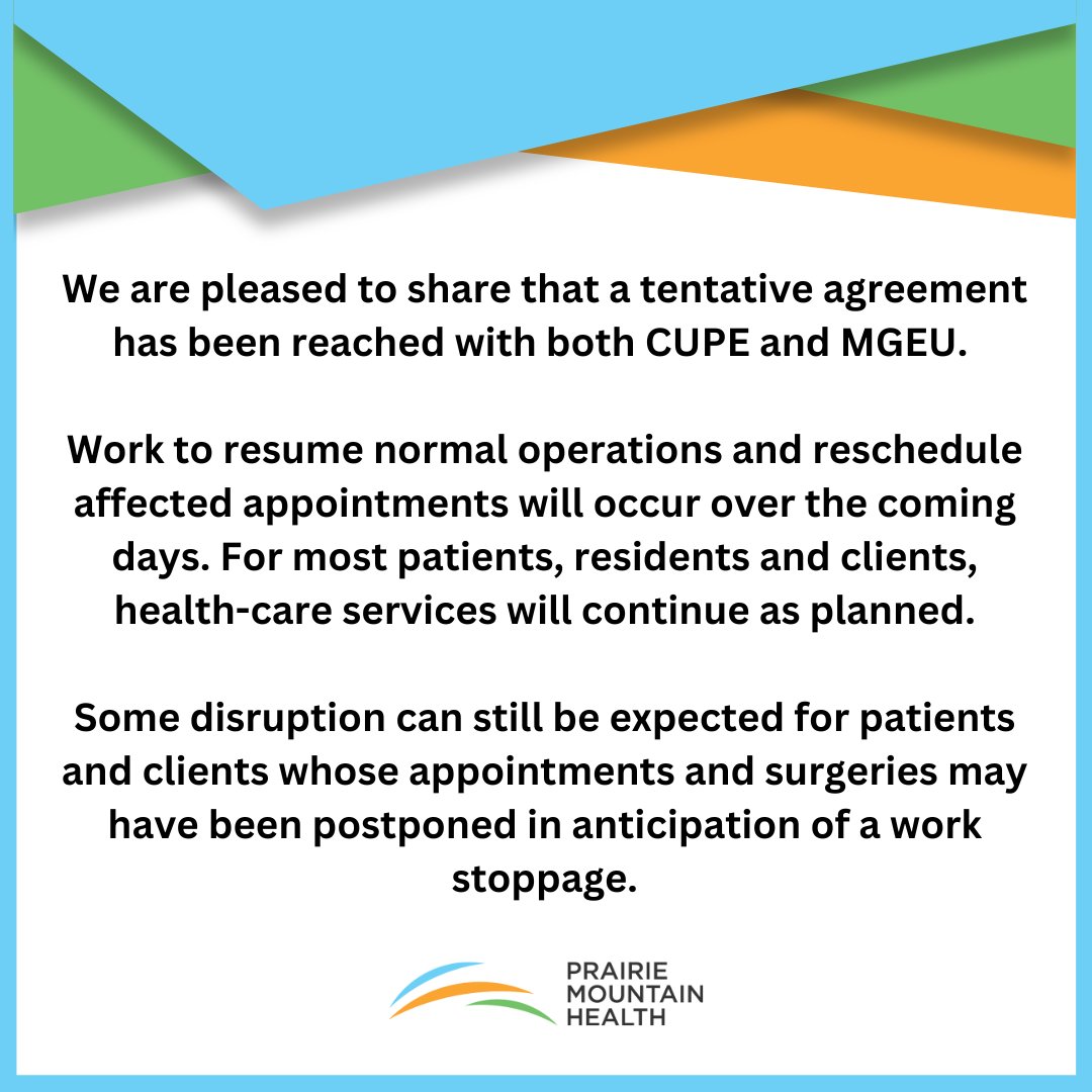 PrairieMtHealth's tweet image. We are pleased to share that a tentative agreement has been reached with both #CUPE and #MGEU. We recognize the planning work for a potential work stoppage has likely caused disruption and frustration for you and your loved ones and thank you for your patience during this time.