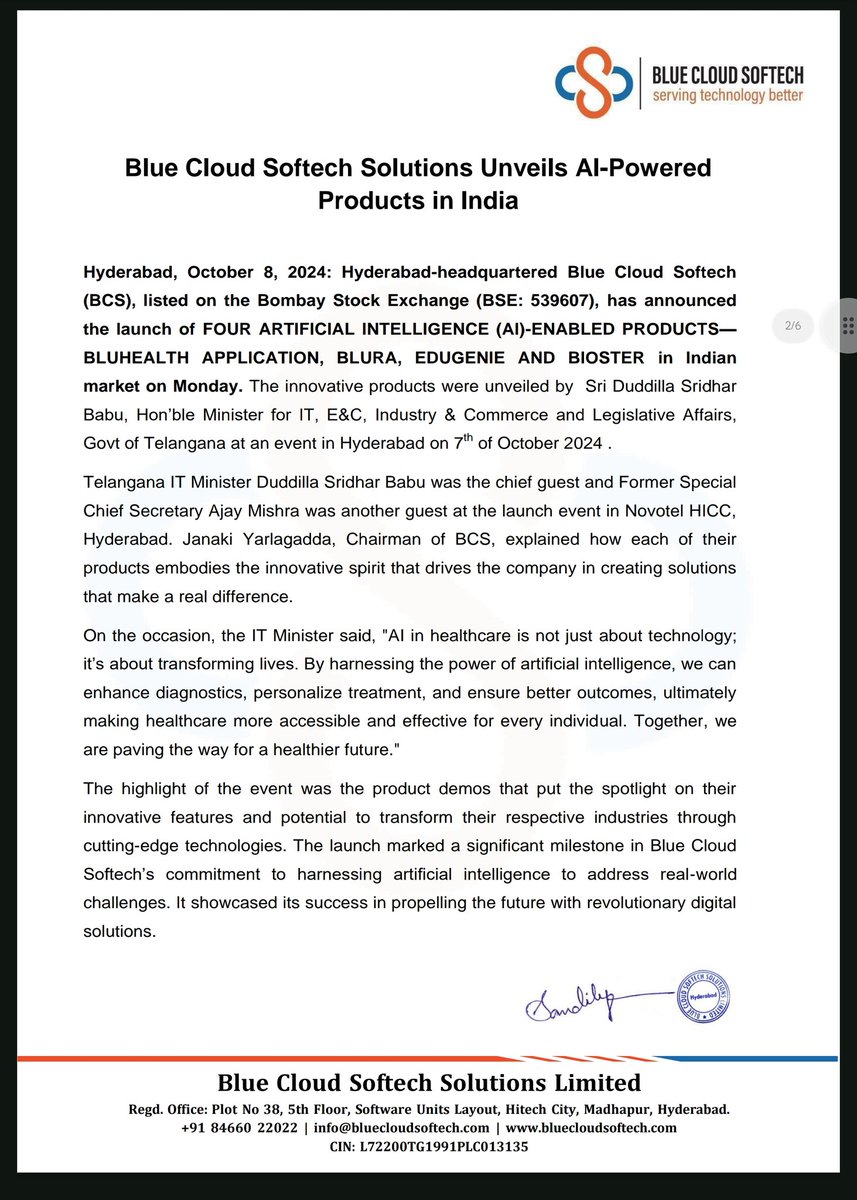 Stockxwatcher's tweet image. Headline: #BlueCloudSoftech 

Summary: Blue Cloud Softech Solutions, based in Hyderabad, unveiled four artificial intelligence-enabled products—BluHealth Application, Blura, EduGenie, and Bioster—on October 7, 2024. The launch event, attended by Telangana IT Minister Duddilla