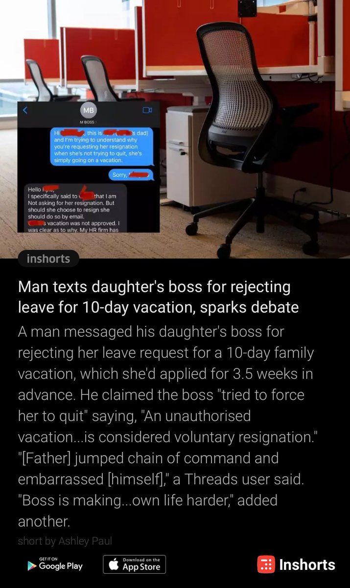 evolvedindian's tweet photo. Man texts daughter's boss for rejecting leave for 10-day vacation, sparks debate
https://t.co/0w1RnPDOQA
 -via inshorts shouldn’t be allowed https://t.co/IfdgG8JgoA