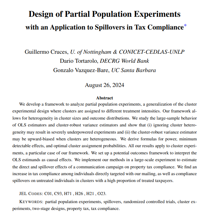 📢¡Nuevo DT de CEDLAS!
Design of Partial Population Experiments with an Application to Spillovers in Tax Compliance de Guillermo Cruces, <a href="/dtortarolo/">Dario Tortarolo</a>, <a href="/gvazquezbare/">Gonzalo Vazquez-Bare</a>.

🔗cedlas.econo.unlp.edu.ar/wp/no-337/