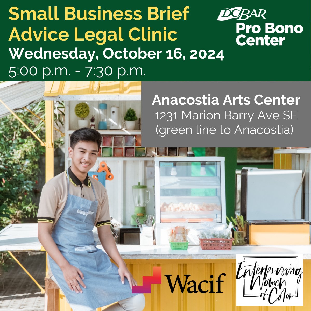 DCBarProBono's tweet image. Attention DC Small Business Owners!
Join us Wednesday, October 16 for a FREE Small Business Brief Advice Legal Clinic with @ewocdmv  at @AnacostiaArts!
Pre-register at forms.office.com/pages/response…
#smallbiz #smallbusiness #smallbizdc #legalclinic