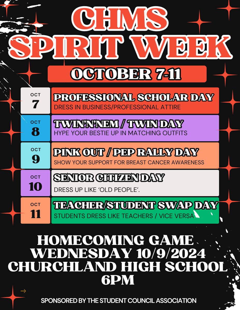 Churchland Middle School PTA (@churchlandmspta) on Twitter photo 2024 Homecoming Spirit Week! Presented by the CHMS Student Council <a href="/TruckersChMS/">Churchland Middle School</a> 2024 Homecoming Spirit Week! Presented by the CHMS Student Council <a href="/TruckersChMS/">Churchland Middle School</a>