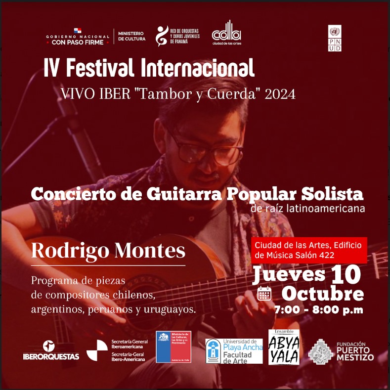 Invitamos a nuestra comunidad chilena en Panamá a este concierto del Maestro Rodrigo Montes, músico chileno, que se realizará en la Ciudad de las Artes, el jueves 10 de oct. a las 07:00 pm.
¡A apoyar a nuestros artistas nacionales! 🇨🇱🇵🇦