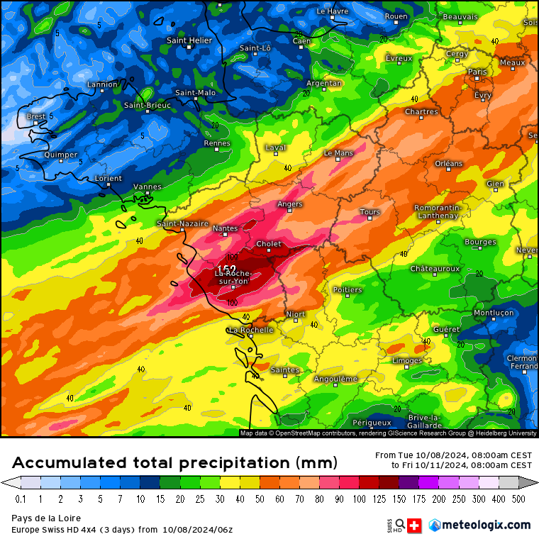 Ce soir, j'exprime ma vive inquiétude pour toutes les régions entre Nantes et La Roche-Sur-Yon. De nombreux modèles indiquent des cumuls dépassant les 100mm en 48h, ce qui pourrait justifier un niveau de vigilance Rouge*.
Demain sera une journée incroyable de la Vendée au