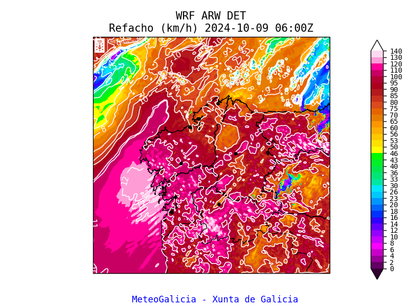 Agárdase o vento máis forte entre as 06h e as 10h. Mostramos como exemplo a previsión do modelo meteorolóxico do refacho de vento previsto para mañá ás oito da mañá.
Máis de 110 km/h (cores rosas), afectando especialmente ao litoral das Rías Baixas e de máis de 90 km/h en xeral.