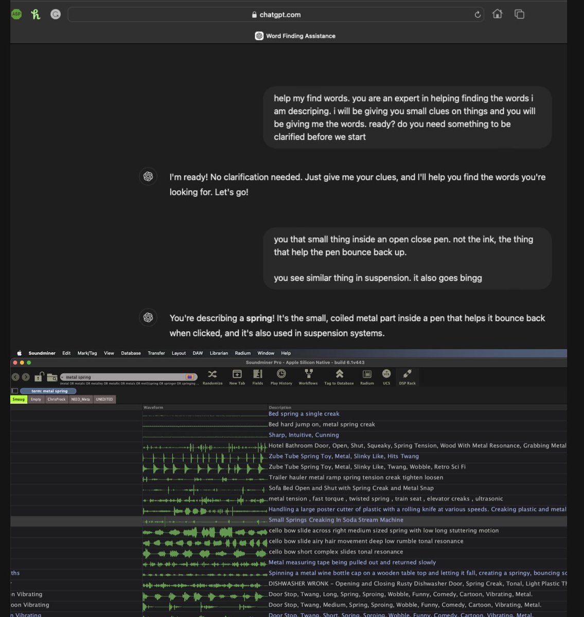 Chris Procopiou (@chris_procopiou) on Twitter photo Towards the end of a busy day my brain needs help with finding words. (and grammar/spelling).This is my new workflow--ChatGPT -->Soundminer-->Sound found. Feature request for v7+ <a href="/jaydee2190/">Justin Drury ☢️</a> Towards the end of a busy day my brain needs help with finding words. (and grammar/spelling).This is my new workflow--ChatGPT -->Soundminer-->Sound found. Feature request for v7+ <a href="/jaydee2190/">Justin Drury ☢️</a>