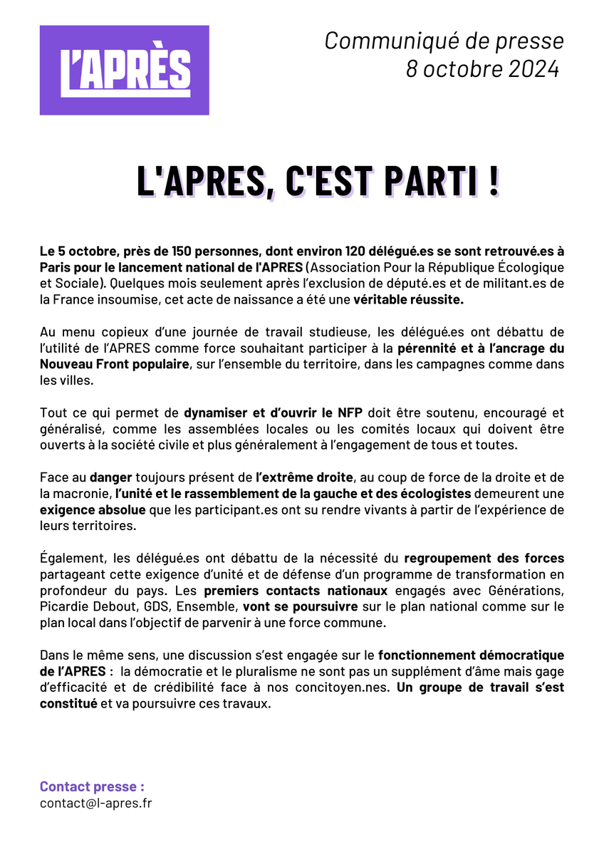 lapres_fr's tweet photo. 📰Communiqué de presse

La 1ère Assemblée de l'APRES s'est tenue le samedi 5 octobre à Paris en présence de 120 délégué⸱es des départements. Cet événement est une belle réussite collective. 

Voici le CP de bilan de cette journée ⤵️

#democratie #unité https://t.co/U8RvG7qFkr