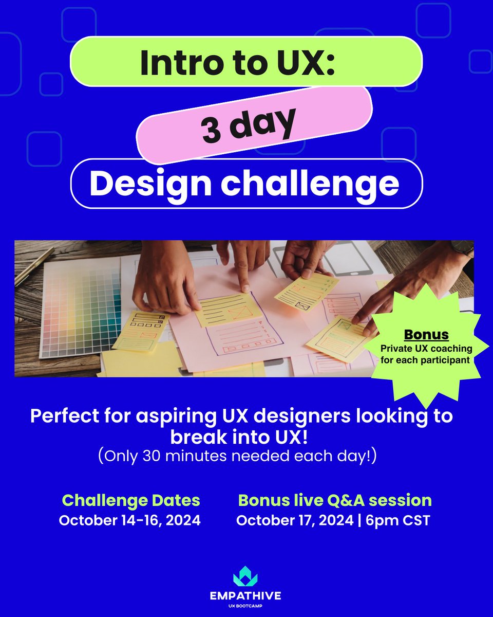empathiveux's tweet photo. Aspiring UX Designers: Join the 3-Day UX Challenge! No experience needed.

What you'll do:
👉🏾Identify UX Problems
👉🏾Brainstorm Solutions
👉🏾Create Your 1st Wireframe

Get instant access now to our Slack group for private coaching &amp; community!

Register: https://t.co/s4TzzY6vKp https://t.co/Vbr6F6SYsl