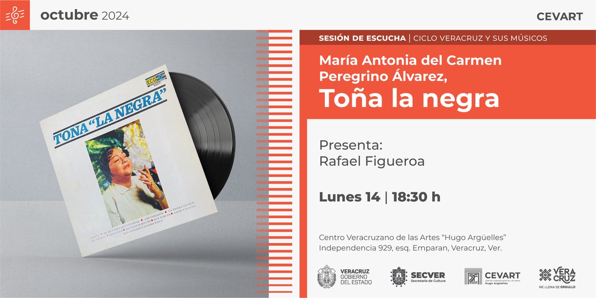 Te invitamos a disfrutar de la próxima sesión de escucha dedicada a María Antonia del Carmen Peregrino "Toña la negra" y para presentar esta actividad tendremos la presencia de Rafael Figueroa.
📅 Lunes 14 de octubre.
⏰ 18:00 horas.
🔴 Entrada libre.