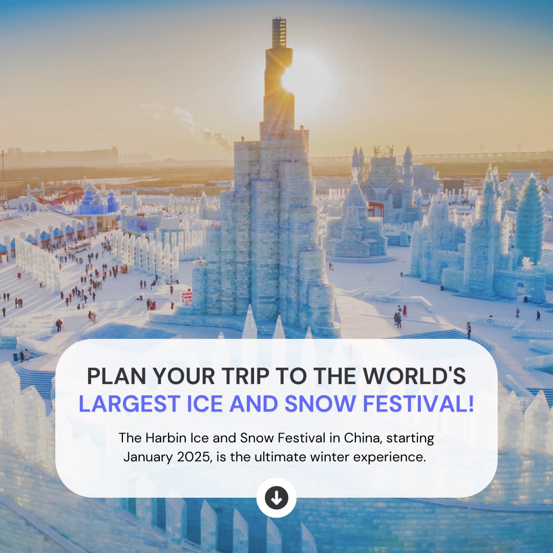 Does the cooler weather have you dreaming of a winter escape?

Get ready for an unforgettable experience filled with ice castles, breathtaking snow sculptures, and exhilarating activities like ice sliding and ice swimming. 🧊

#HarbinIceFestival #WinterWonderland #TravelChina