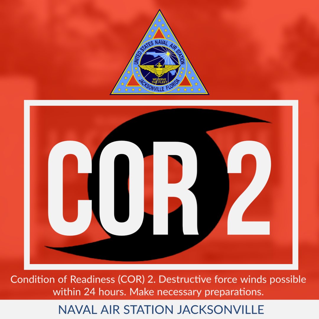 🌀📢 Now set Condition of Readiness (COR) 2. In response to Hurricane Milton, Naval Air Station Jacksonville will set to Condition of Readiness 2. Set COR 2 NLT 6:00 P.M. local time, Oct. 8, 2024.
#nasjax #conditionreadiness #hurricanemilton #beprepared