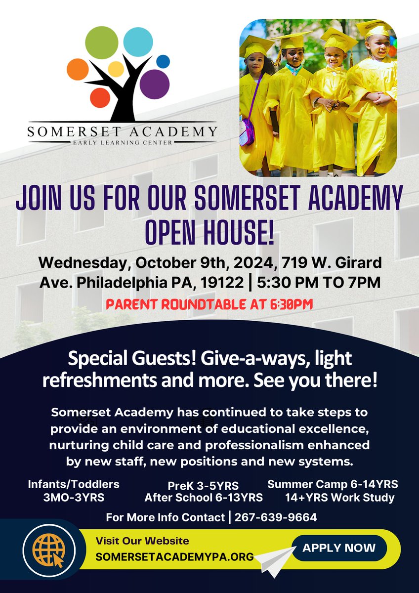 ChavousConsult's tweet photo. Are you in need of exceptional childcare for children starting at 3 months of age? Please join Somerset Academy for their Open House on Wednesday, October 9th. Giveaways! Refreshments! More!! #SomersetAcademy #OpenHouse #childcare #summercamp #prek #infants #toddlers https://t.co/QhVeit4BRD
