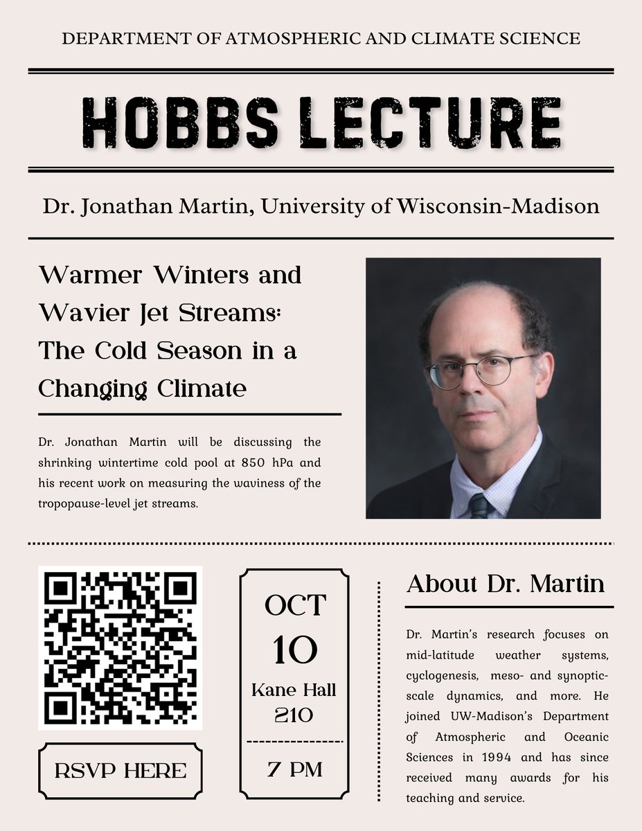 📢 TWO DAYS AWAY! Everyone is invited to attend the ATMOS public lecture by Professor Jonathan Martin on how global warming affects the jet stream and cold air outbreaks. The Oct 10th talk will be at 7 PM in Kane Hall room 210.
RSVP: forms.gle/n8WnFZDY7sK3ez…