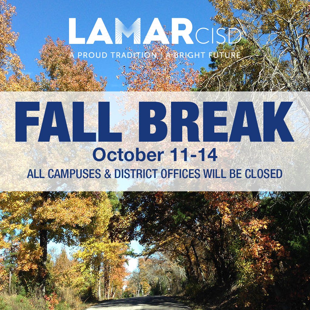 Who’s ready for fall break? We are! 🙌

Friendly reminder:
All campuses and District offices will be closed on Friday, October 11, and on Monday, October 14, in observance of fall break. 🍂