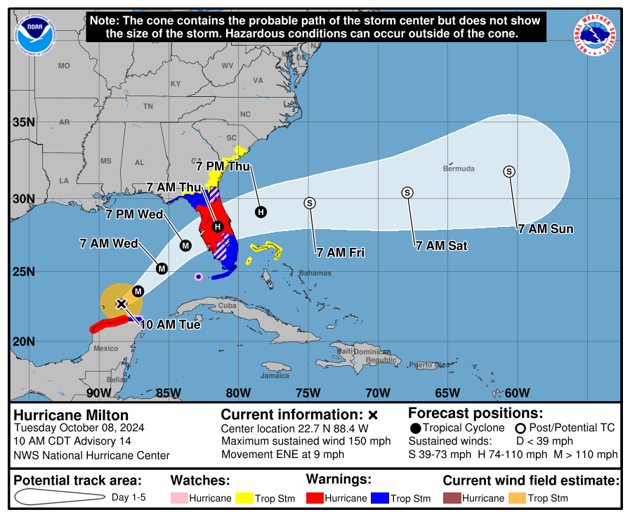 Hurricane Milton is expected to hit Florida's Gulf Coast early Thursday morning with massive wind speeds, storm surge, and flooding to affect the region. Please take precautions, follow evacuation orders, and prioritize your safety. Call us when you need us: 877-730-1948.