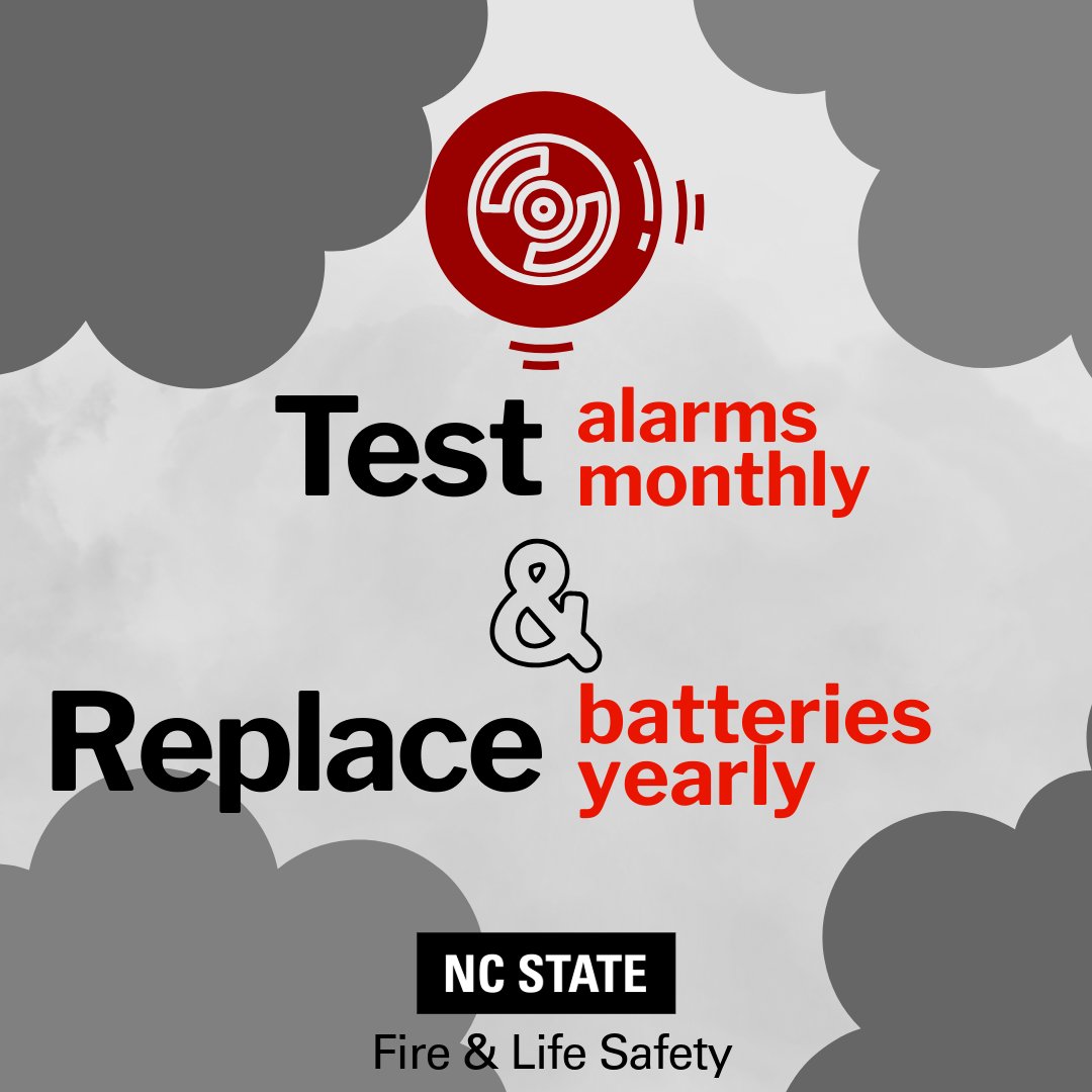 ncstatefls's tweet photo. To keep your smoke alarms working for you, test them once a month using the test button. Batteries should be replaced yearly or anytime they fail a monthly test. Even wired alarms have battery back-ups!

#FirePreventionWeek #NCState https://t.co/9vUrwXltRs