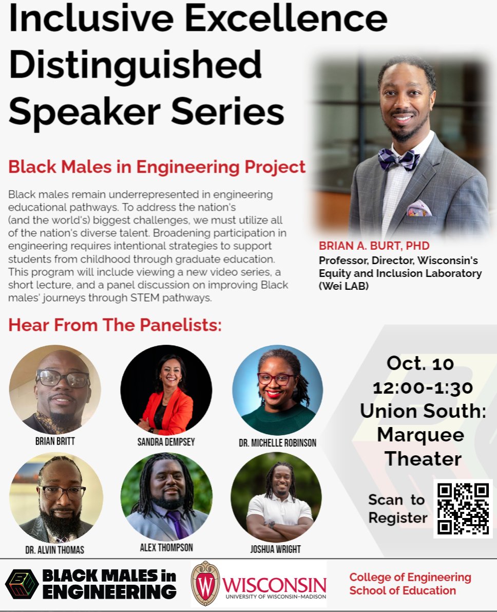 Brian A. Burt (@brian_a_burt) on Twitter photo Delivering the Inclusive Excellence Distinguished Lecture (<a href="/UWMadEngr/">UW-Madison College of Engineering</a>, <a href="/UWMadEducation/">UW–Madison School of Education</a>) this Thursday. Discussing the <a href="/_BMEngineering/">Black Males in Engineering</a> project and ways to improve STEM pathways for Black boys and men. Joined by panel of community leaders. Register here:
talent.wisc.edu/Catalog/Defaul… Delivering the Inclusive Excellence Distinguished Lecture (<a href="/UWMadEngr/">UW-Madison College of Engineering</a>, <a href="/UWMadEducation/">UW–Madison School of Education</a>) this Thursday. Discussing the <a href="/_BMEngineering/">Black Males in Engineering</a> project and ways to improve STEM pathways for Black boys and men. Joined by panel of community leaders. Register here:
talent.wisc.edu/Catalog/Defaul…