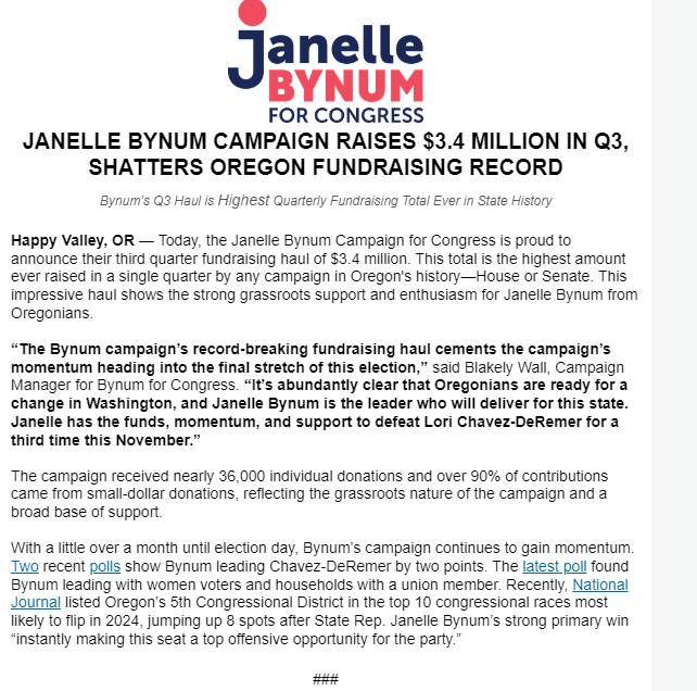 Massive fundraising quarter - $3.4 million - for Democrat Janelle Bynum in OR-05. Biggest I've seen yet for a House challenger