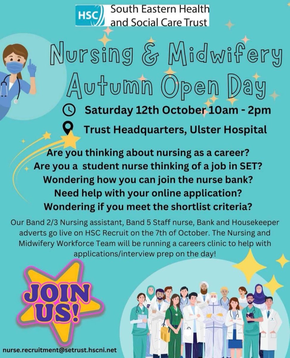 Posts open now for Bands 2 3 &amp; 5 on HSC Recruit.  Free parking at Trust HQ. Staff on site to help with the application process and how to access Open University for nursing courses