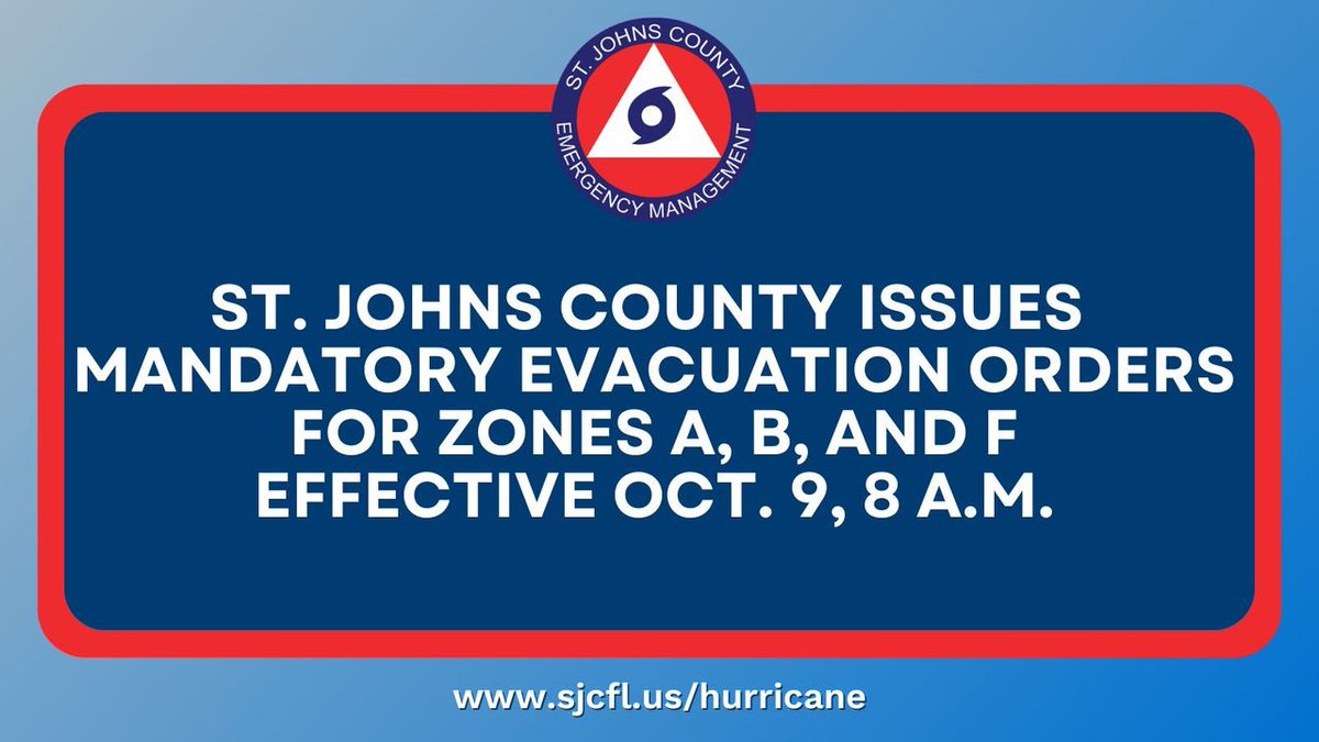 St. Johns County has issued mandatory evacuation orders due to Hurricane Milton.

Visit sjcfl.us/hurricane for more info.

#MYSJCFL