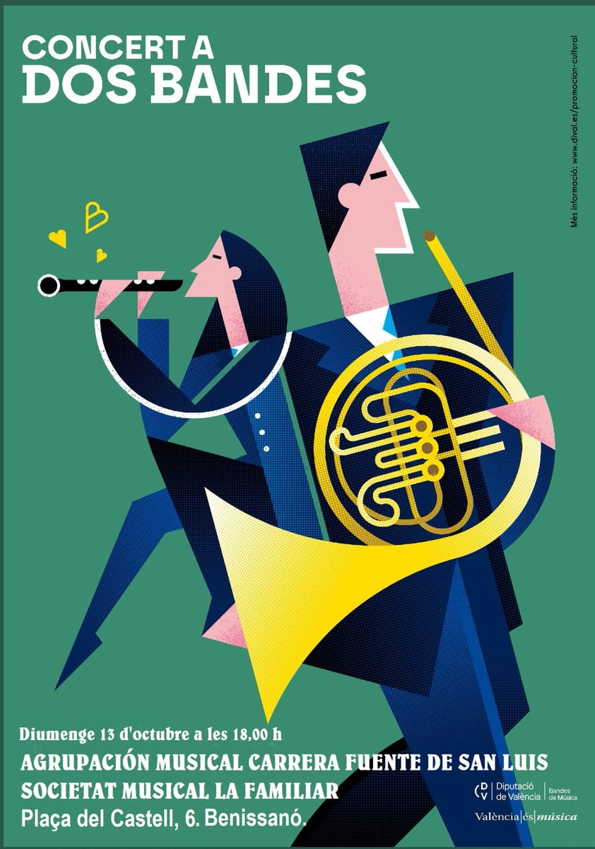 El próximo domingo 13 a las 18:00, la banda titular de nuestra Agrupación compartirá escenario con la Sociedad Musical La Familiar de Benisanó, en la Plaça del Castell del emblemático municipio (maps.app.goo.gl/uKZx7Ks26uukJB…). ¡Os esperamos!