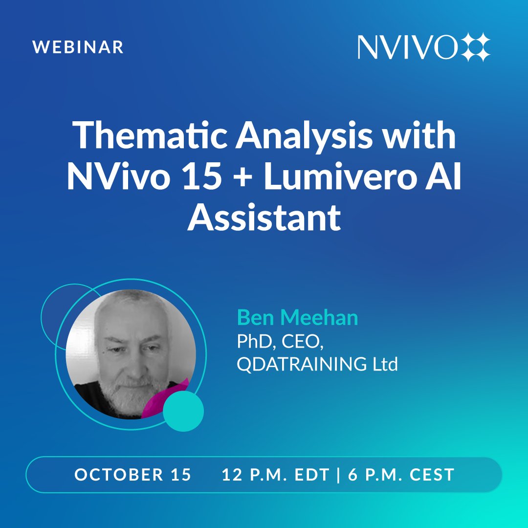 Learn how to apply reflexive thematic analysis using #NVivo15 and the #LumiveroAIAssistant! Join Ben Meehan, PhD for a practical webinar on this popular qualitative analysis method. 
Register here: lv.lumivero.com/nv-webinar-the…

#QualitativeResearch #ThematicAnalysis #DataAnalysis